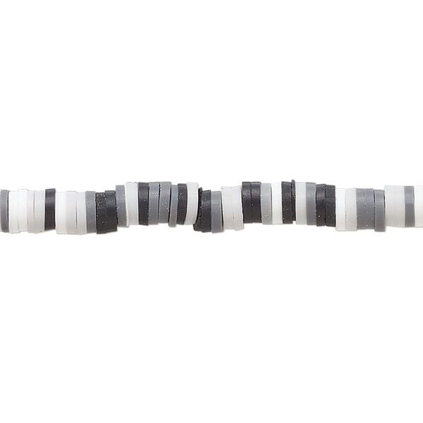 Bead, polymer clay, opaque black, grey and white, 4x1mm heishi. Sold per pkg of (2) 16-inch strands. image number 0
