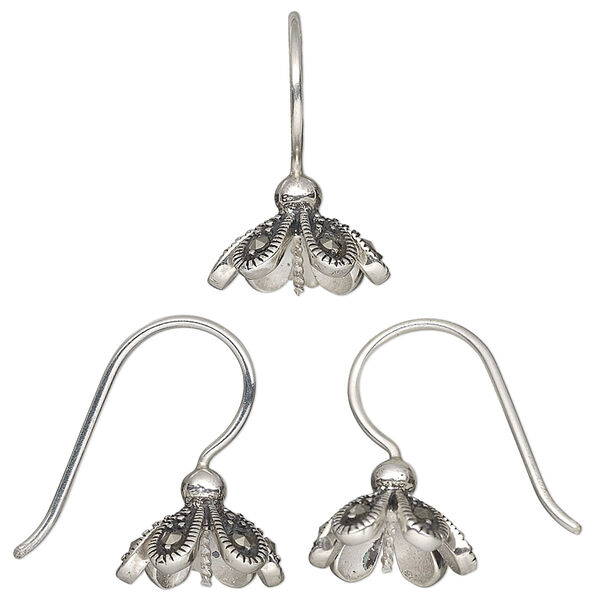 Ear wire, marcasite (natural) and antiqued sterling silver, 20mm fishhook with flower petal and 0.8mm twisted peg, fits 10-12mm half-drilled bead, 18 gauge. Sold per pair. image number 0