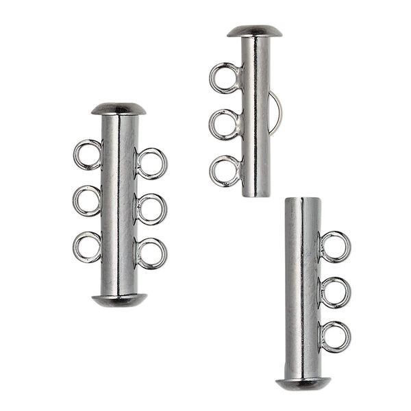 Clasp, 3-strand slide lock, gunmetal-plated brass, 21x6mm tube. Sold per pkg of 10. image number 0