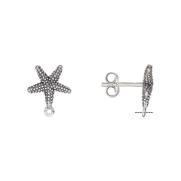 Earstud 1pkg2 sterling silver, 10.5x10mm starfish / closed loop / earnuts, antiqued 1 pair image number 0