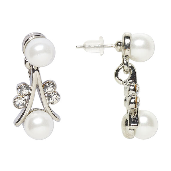 Earring, Everyday Jewelry, antique silver-finished "pewter" (zinc-based alloy) / glass / acrylic pearl, clear and white, 27mm with post. Sold per pair. image number 0