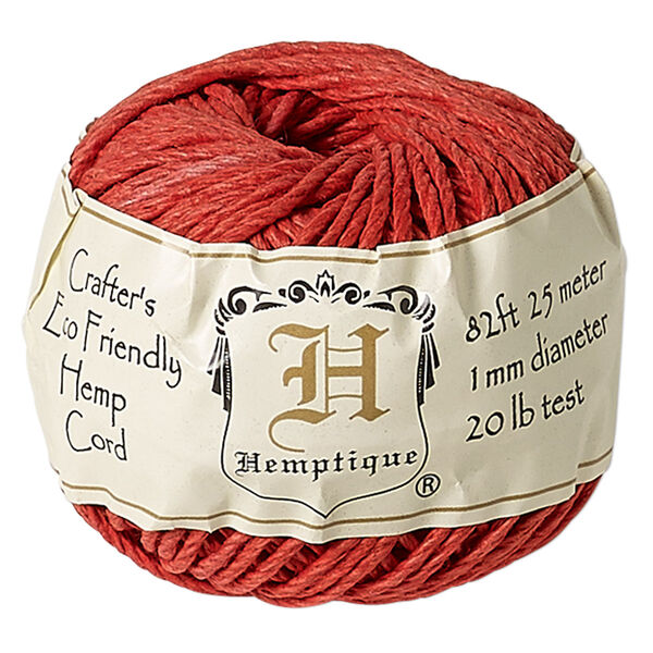 Cord, Hemptique®, polished hemp, red, 1mm diameter, 20-pound test. Sold per 82-foot ball. image number 0