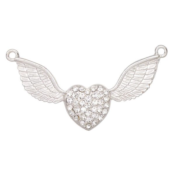 Focal, silver-finished "pewter" (zinc-based alloy) and glass, clear, 52x18mm heart with wings. Sold individually. image number 0