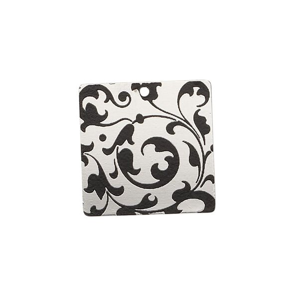 Drop, imitation rhodium-finished carbon steel, black, 20x20mm single-sided square with vine design. Sold per pkg of 4. image number 0
