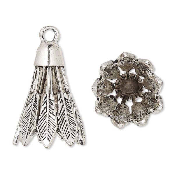 Cone, antique silver-plated "pewter" (zinc-based alloy), 25x18mm feather, 13mm inside diameter. Sold per pkg of 4. image number 0
