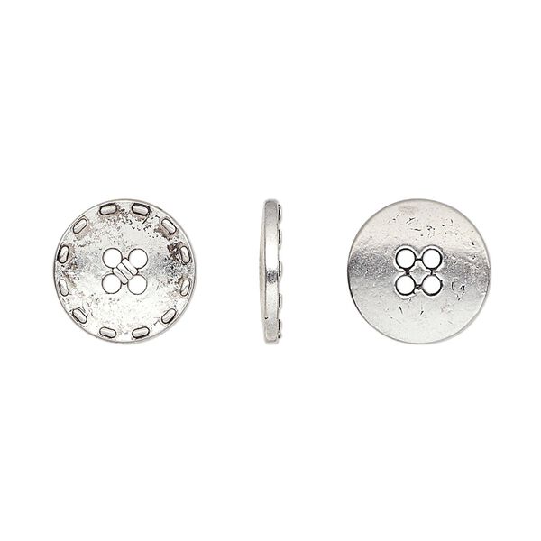 Button, antiqued silver-finished "pewter" (zinc-based alloy), 12mm single-sided flat round with stitched edge. Sold per pkg of 50. image number 0