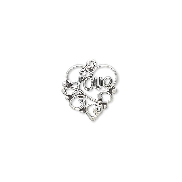 Charm, antiqued sterling silver, 14x13mm single-sided heart with "Love." Sold individually. image number 0