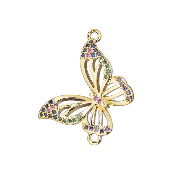 Link, cubic zirconia and gold-finished brass, multicolored, 20.5mm single-sided butterfly. Sold individually. image number 0