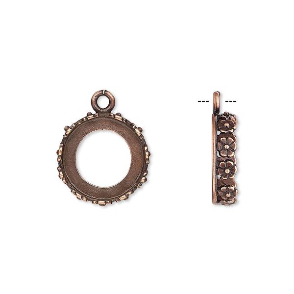 Drop, JBB Findings, antique copper-plated brass, 14.5mm round with open back and flower design trim, 12mm round bezel setting. Sold per pkg of 2. image number 0