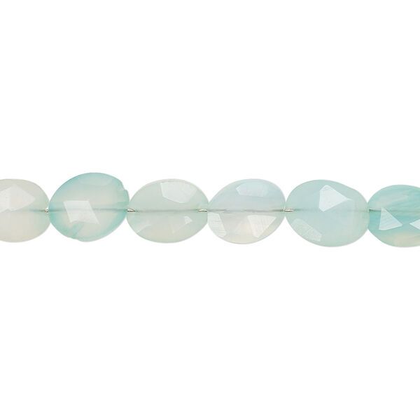 Bead, aqua blue chalcedony (dyed), light, 8x6mm-10x7mm hand-cut faceted puffed oval, B grade, Mohs hardness 6-1/2 to 7. Sold per 6-inch strand. image number 0