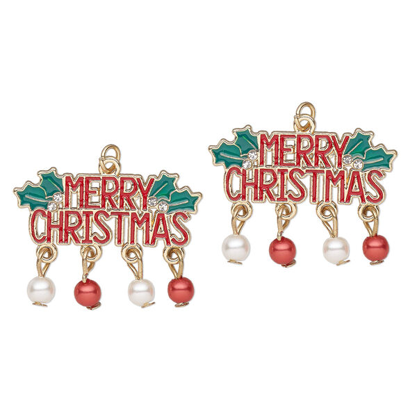 Focal, gold-finished "pewter" (zinc-based alloy) / glass / enamel / acrylic, clear and multicolored, 34x26mm Merry Christmas. Sold per pkg of 2. image number 0
