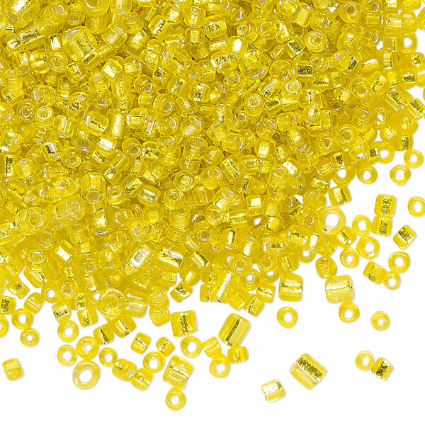 Seed bead mix, glass, pkg/100g, 11/0-6/0 round, opaque silver-lined yellow. image number 0