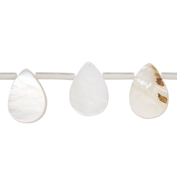 Bead, mother-of-pearl shell (bleached), white, 13x3mm-14x9mm top-drilled flat teardrop, Mohs hardness 3-1/2. Sold per 14-inch strand, approximately 25 beads. image number 0