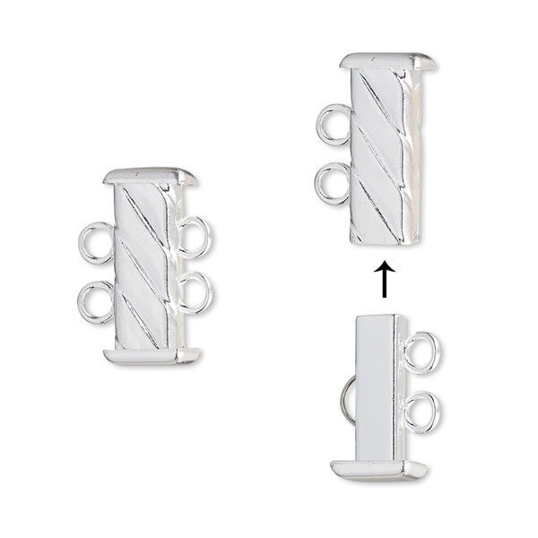 Clasp, 2-strand slide lock, silver-plated brass, 16x7mm corrugated rectangle tube. Sold per pkg of 4. image number 0
