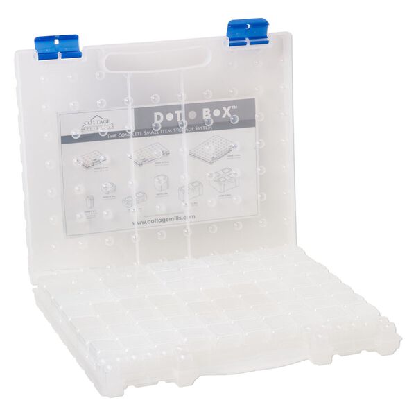 Organizer, Dot Box™, plastic, clear and blue, 14 x 11-1/2 x 1-1/2 inches with 94 removable containers and pop-up lid. Sold per 95-piece set. image number 1