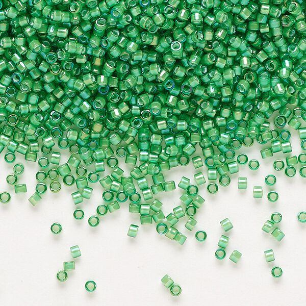 Seed bead, Delica®, glass, pkg/50g, #11 round, translucent white-lined luster green (DB-1787). image number 0