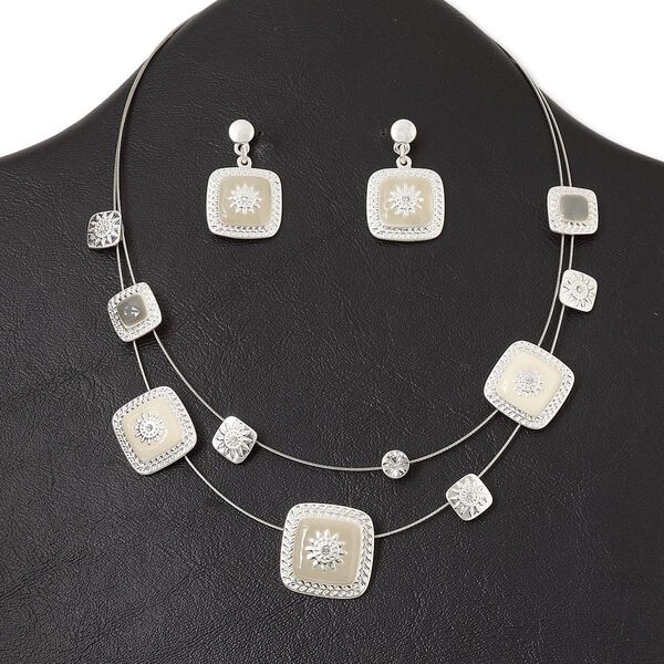 Necklace and earring set, 2-strand, silver-plated "pewter" (zinc-based alloy) and steel / enamel / glass rhinestone, grey / cream / clear, square, 15" to 16" necklace with lobster claw clasp and 3-inch extender chain, 1-1/4 inch earring with post. Sold per set. image number 0