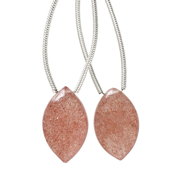 Strawberry quartz 1pkg2, hand-cut top-drilled puffed marquise bead natural 18x11mm image number 0