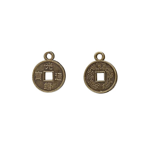 Charm, antique brass-plated "pewter" (zinc-based alloy), 10mm Chinese coin replica. Sold per pkg of 50. image number 0