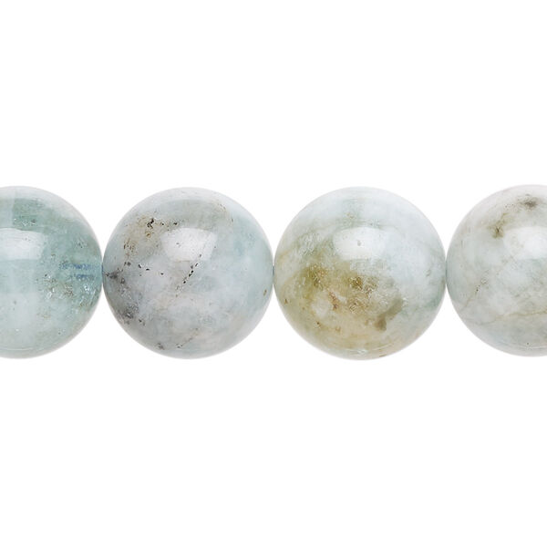 Bead, aquamarine (heated), 13-15mm round with 0.6-1mm hole, D grade, Mohs hardness 7-1/2 to 8. Sold per 15-1/2" to 16" strand. image number 0