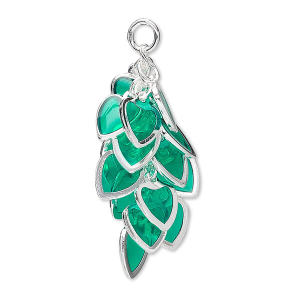 Focal, epoxy and silver-plated brass, dark green, 32x16mm heart cluster. Sold per pkg of 4. image number 0