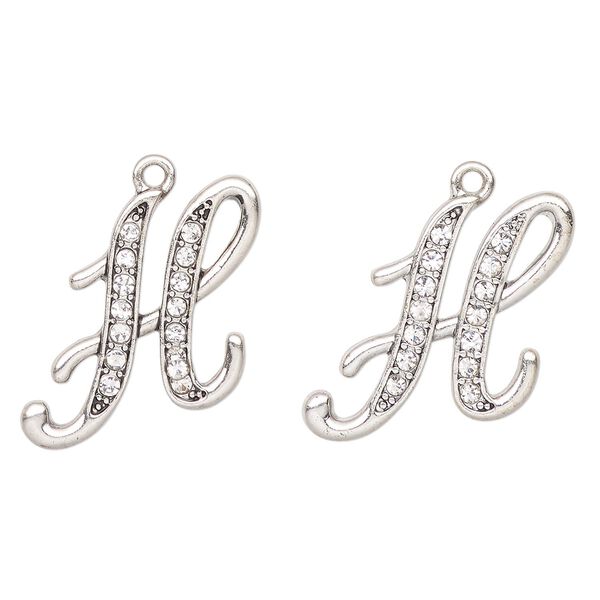 Charm, antique silver-finished "pewter" (zinc-based alloy) and glass, clear, 25x20mm letter "H". Sold per pkg of 2. image number 0
