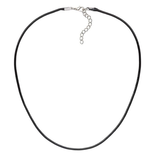Necklace cord, imitation leather with imitation rhodium-finished steel and "pewter" (zinc-based alloy), black, 2mm wide, 18 inches with 1-1/2 inch extender chain and lobster claw clasp. Sold per pkg of 10. image number 0