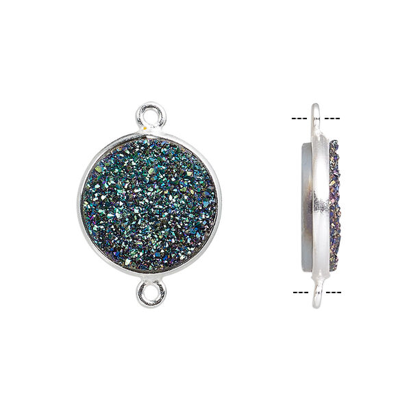 Druzy agate / sterling silver 1pkg1, hand-cut flat round link titanium-coated green / electro-coated 15mm image number 0