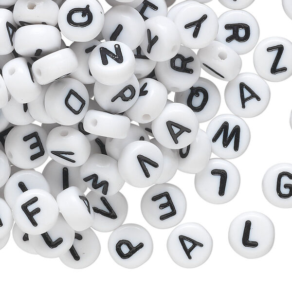 Bead mix, acrylic, opaque white and black, 7mm double-sided flat round with alphabet letters. Sold per pkg of 200. image number 0