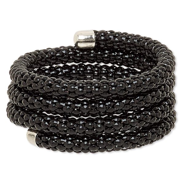 Bracelet, silver-plated steel and painted steel memory wire, black, 32mm wide, adjustable. Sold individually. image number 0