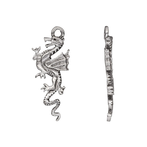 Charm, antiqued pewter (tin-based alloy), 25x11mm dragon. Sold per pkg of 4. image number 0