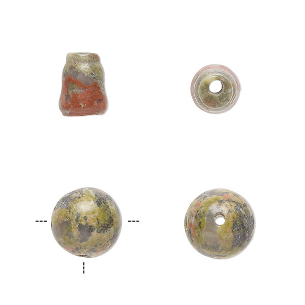 Unakite 2pkg2, T-drilled round / cone bead natural 10mm / 9x7mm image number 0