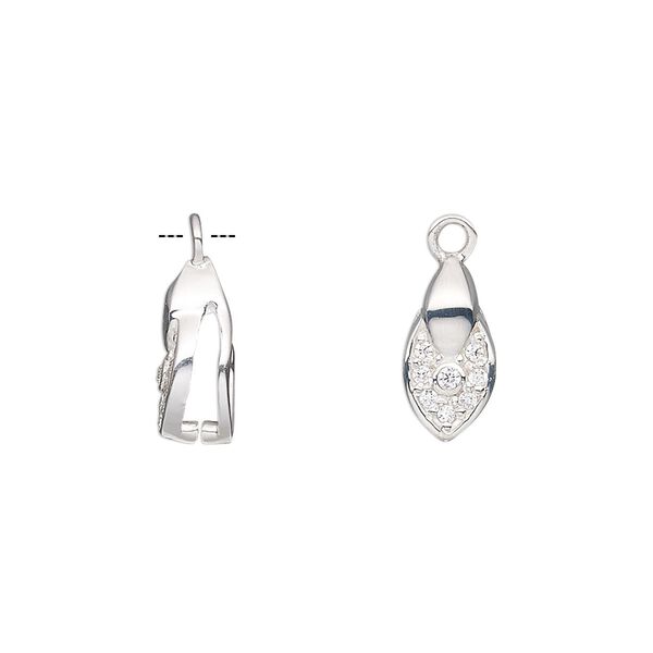 Bail, ice-pick, sterling silver and cubic zirconia, clear, 12x6mm teardrop with 7.5mm grip length. Sold individually. image number 0