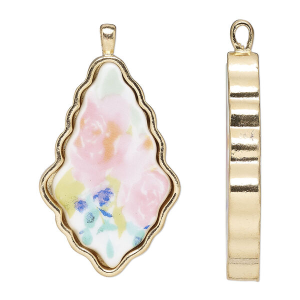 Focal, ceramic and gold-finished "pewter" (zinc-based alloy), multicolored, 45x28.5mm single-sided fancy teardrop. Sold individually. image number 0