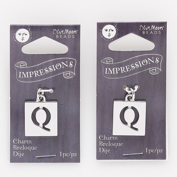 Drop, silver-finished "pewter" (zinc-based alloy) and steel, 16x15mm square with cutout alphabet letter "Q." Sold per pkg of 2. image number 0