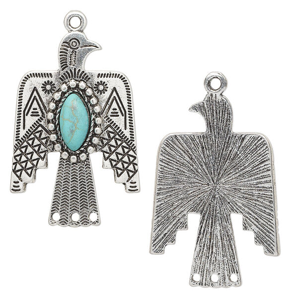 Focal, "turquoise" (resin) (imitation) and antique silver-finished "pewter" (zinc-based alloy), turquoise blue, 33x22mm single-sided thunderbird with 3 loops. Sold individually. image number 0