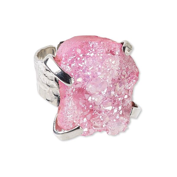 Ring, electroplated druzy agate (coated) and imitation rhodium-plated brass, pink, hammered band with 24x18mm-27x21mm hand-cut freeform, adjustable. Sold individually. image number 0