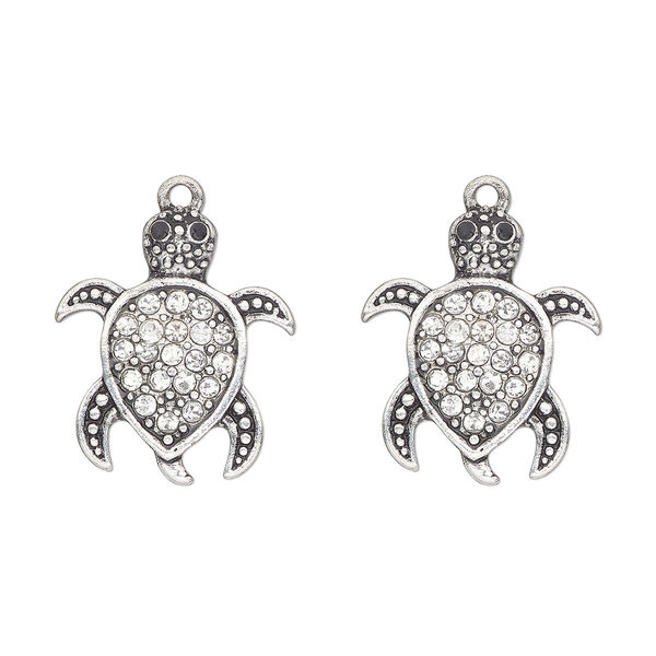 Charm, antique silver finish "pewter" (zinc-based alloy) and glass, clear, 25x22mm single-sided sea turtle. Sold per pkg of 2. image number 0