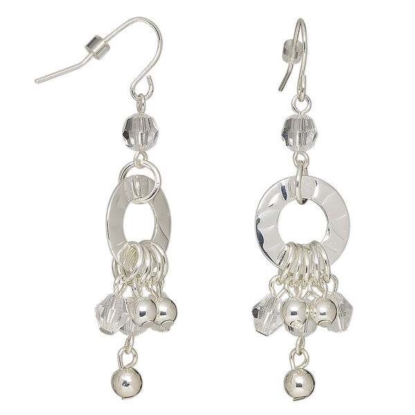 Earring, glass rhinestone with silver-finished steel, clear, 2-1/2 inches with round and fishhook ear wire. Sold per pair. image number 0