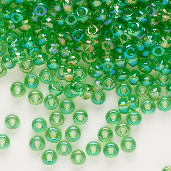 Seed bead, glass, pkg/50g, #6 round, translucent rainbow light green. image number 0