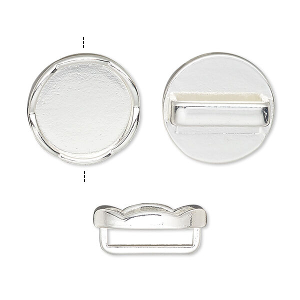 Slide, silver-finished "pewter" (zinc-based alloy), 17mm round with scalloped edge and 14mm round setting, 12.5x2.5mm hole. Sold per pkg of 6. image number 0