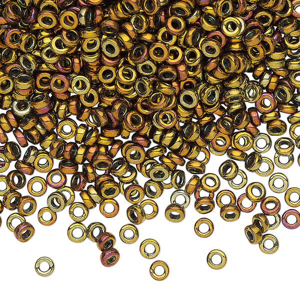 Seed bead, Miyuki, glass, pkg/50g, 3x1.3mm spacer rondelle, opaque iris gold, (SPR3-462). image number 0