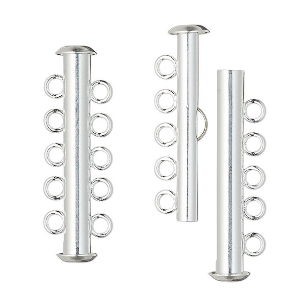 Clasp, 5-strand slide lock, silver-plated brass, 31x6mm tube. Sold per pkg of 100. image number 0