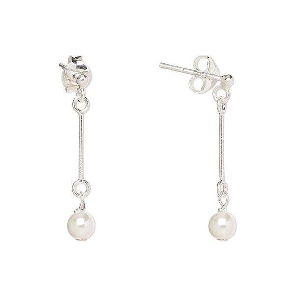 Earstud, Create Compliments®, sterling silver and glass pearl, white, 25.5mm. Sold per pair. image number 0