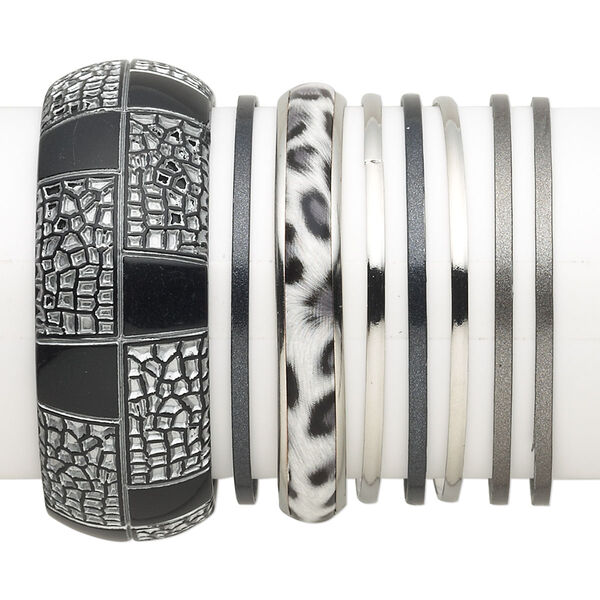 Bracelet mix, bangle, plastic / vinyl / silver- / gold- / gunmetal-finished steel, white and black, 3-29mm wide with mixed design, 8 inches. Sold per 8-piece set. image number 0