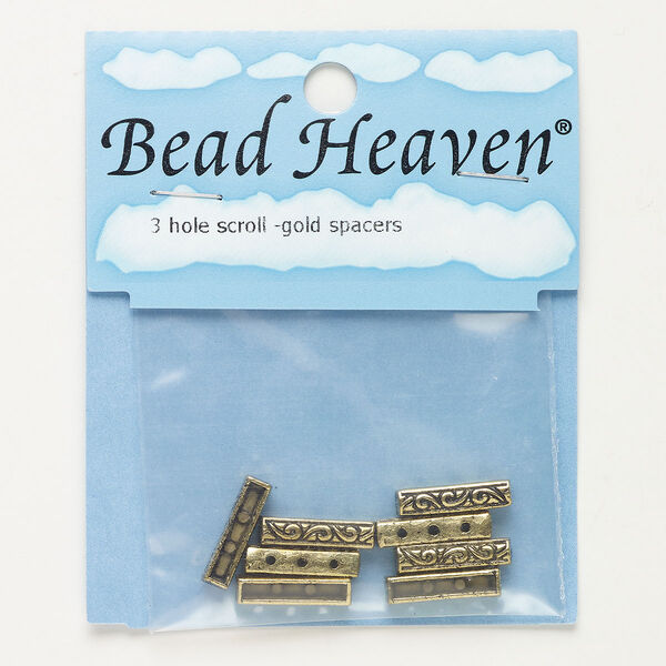 Spacer, antique brass-finished "pewter" (zinc-based alloy), 18x4mm 3-strand rectangle with scrolls, fits up to 5mm beads. Sold per pkg of 8. image number 0