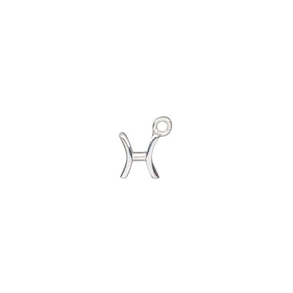 Charm, sterling silver, 9mm single-sided Pisces zodiac symbol. Sold individually. image number 0