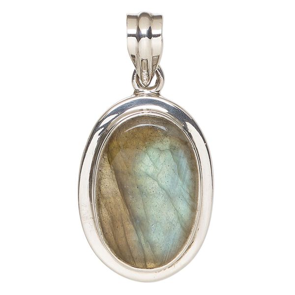 Pendant, labradorite (natural) and sterling silver, 30x23mm oval. Sold individually. image number 0