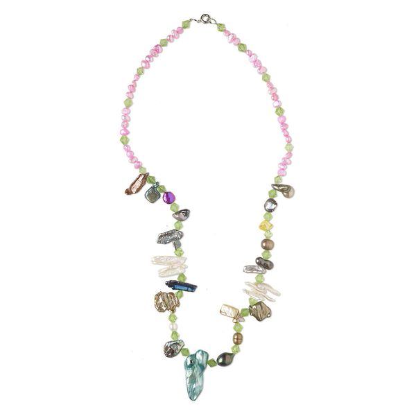 Necklace, cultured freshwater pearl (bleached / dyed) / glass / silver-finished brass / steel, mixed colors, 5x3mm-54x18mm, 18-22 inches with springring clasp. Sold individually. image number 0