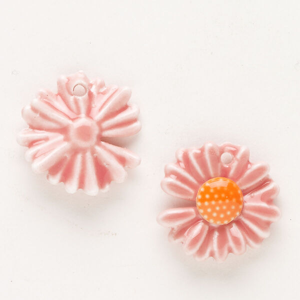 Charm, ceramic, pink orange, 18mm top-drilled flower. Sold per pkg of 2. image number 0